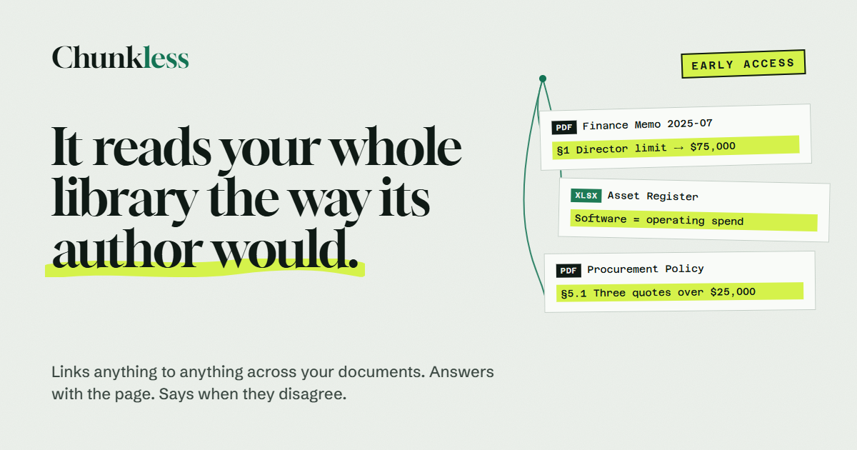 Chunkless by Grounded IQ: ask a question across a client's whole file and the rules that govern it, 
